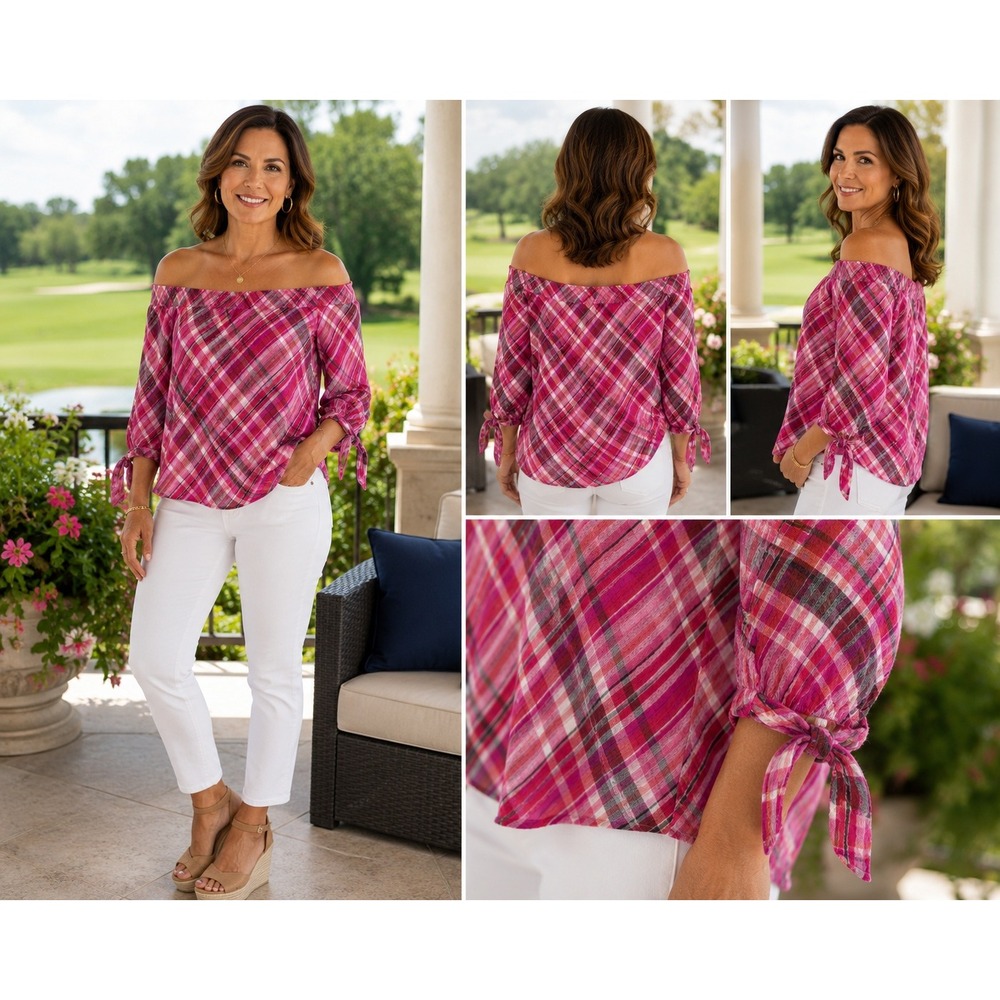 Lauren Ralph Lauren Pink Plaid Off Shoulder Tie Sleeve Top S Preppy Romantic